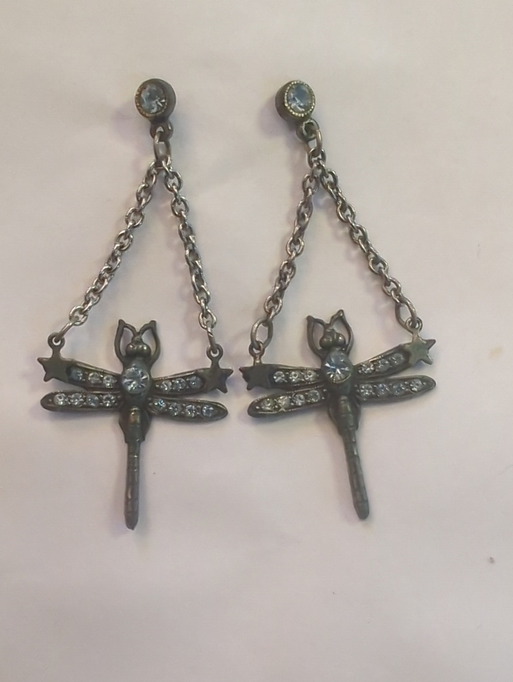 Dragonfly Rhinestone Drop Earrings in Antique Silver with Clear Stones